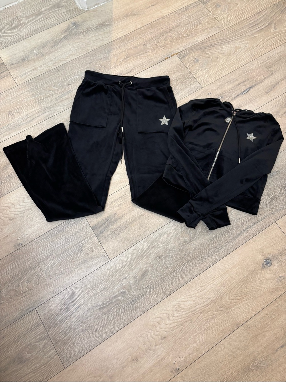 Black Velour Star Zip Hoodie & Jogger Set